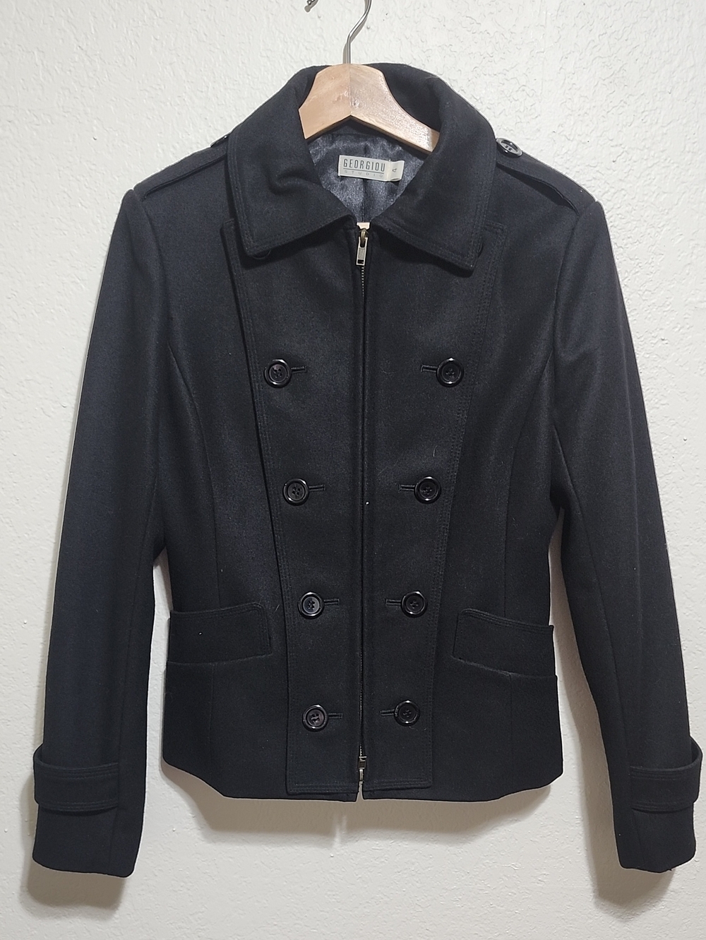 Georgiou Studio Vintage Black Zip-Up Double-Breasted Pea Coat Sz 4 EUC Wool Blen